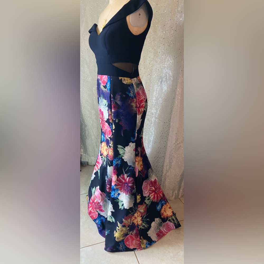 Navy Blue floor length of the shoulder gown.
